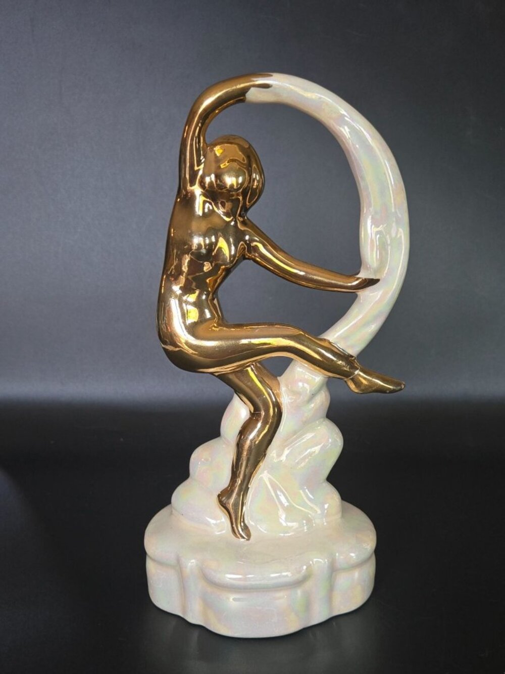 *READ* Ceramic Gold & Pearlized Dancing Woman Figurine 8" Tall Art Deco